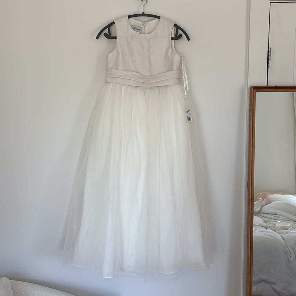 NWT Dessy Girl ivory flower girl dress size 14 satin tulle sash bow